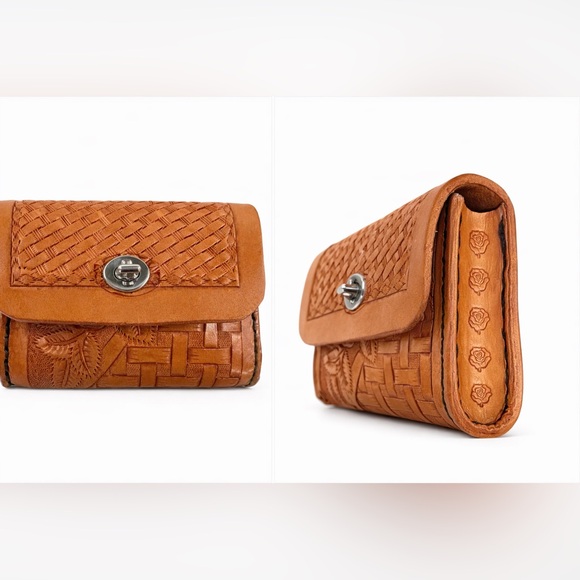 Handmade Handbags - Vintage 1999 Hand Tooled Genuine Leather Wallet Clutch Rose Floral Woven Tan